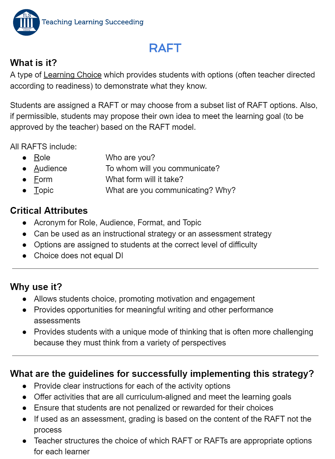 RAFT Strategy Description TLS Teaching Learning Succeeding
