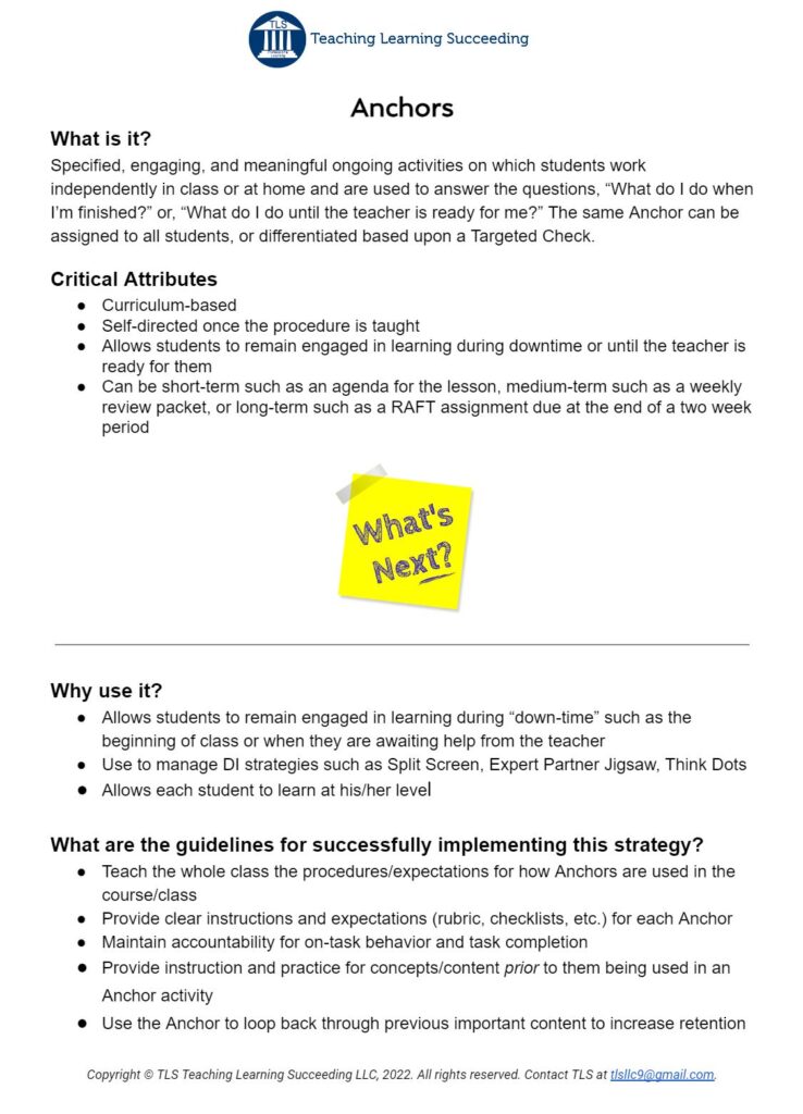 Anchors Strategy Description TLS Teaching Learning Succeeding